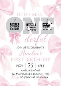 pink bow photo invitation P017: 1865495588
