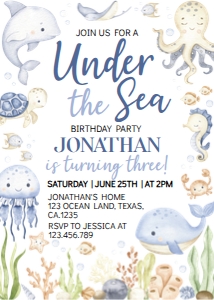 oneder the sea 3rd birthday invitation O015: 4316878947