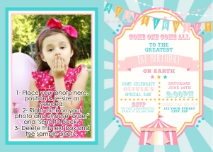 Pink & Teal Circus Photo Invitations- Blue Burst design preview