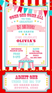 Red & Pink Circus SmartPhone Invitation- 1080 x 1920- Red Stripe: Red & Pink Circus SmartPhone Invitation- Red Stripe