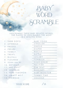 Over the Moon Blue Baby Shower- Word Scramble Game-  Answer Key: Over the Moon Baby Shower Games- Blue