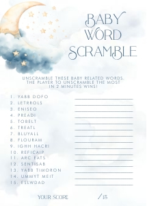 Over the Moon Blue Baby Shower- Word Scramble Game: Over the Moon Baby Shower Games- Blue
