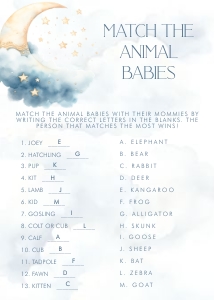 Over the Moon Blue Baby Shower- Match the Baby Animals Game- Answers: Over the Moon Baby Shower Games- Blue