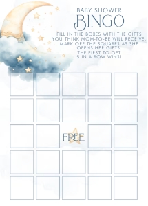Over the Moon Blue Baby Shower- Bingo Card: Over the Moon Baby Shower Games- Blue