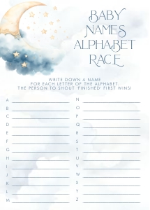 Over the Moon Blue Baby Shower- Baby Name Game: Over the Moon Baby Shower Games- Blue