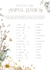 Vintage Baby Shower- Match the Baby Animals Game- Answer Key: Vintage Baby Shower Games- Baby Boy
