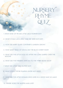 Over the Moon Blue Baby Shower- Nursery Rhyme Quiz: Over the Moon Baby Shower Games- Blue
