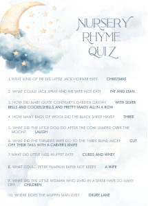 Over the Moon Blue Baby Shower- Nursery Rhyme Quiz- Answers: Over the Moon Baby Shower Games- Blue