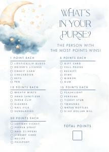 Over the Moon Blue Baby Shower- What's in Your Purse Game: Over the Moon Baby Shower Games- Blue