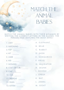 Over the Moon Blue Baby Shower- Match the Baby Animals Game: Over the Moon Baby Shower Games- Blue