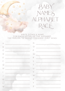 Over the Moon Pink Baby Shower- Baby Name Game: Over the Moon Baby Shower Games- Pink