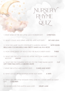 Over the Moon Pink Baby Shower- Nursery Rhyme Quiz- Answers: Over the Moon Baby Shower Games- Pink