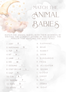 Over the Moon Pink Baby Shower- Match the Baby Animals Game- Answers: Over the Moon Baby Shower Games- Pink