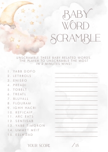Over the Moon Pink Baby Shower- Word Scramble Game: Over the Moon Baby Shower Games- Pink