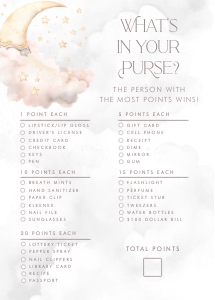 Over the Moon Pink Baby Shower- What's in Your Purse Game: Over the Moon Baby Shower Games- Pink
