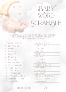 Over the Moon Pink Baby Shower- Word Scramble Game- Answer Key: Over the Moon Baby Shower Games- Pink