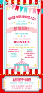 Red & Pink Circus SmartPhone Invitation- 1125 x 2436- Red Stripe: Red & Pink Circus SmartPhone Invitation- Red Stripe