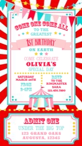 Red & Pink Circus SmartPhone Invitation- 1080 x 1920- Red Burst: Red & Pink Circus SmartPhone Invitation- Red Burst
