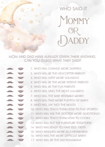 Over the Moon Pink Baby Shower- Who Said It Game: Over the Moon Baby Shower Games- Pink