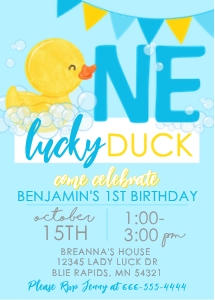 ONE Lucky Duck Watercolor Rubber Duck - Boy on Baby Blue (2): Baby Blue One Lucky Duck 1st Birthday Party Invitation