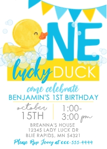 ONE Lucky Duck Watercolor Rubber Duck - Boy on White (2): White One Lucky Duck 1st Birthday Party Invitation