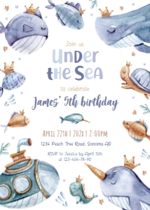 Ocean Boy (Under the sea) Birthday Invitation - BPI-14-1 Col-0155: Birthday party invitation - BPI-14-1-col-0155