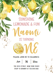 Editable Lemon First Birthday Invitation, Lemon Citrus Watercolor Invite, Summer design preview