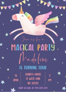 Editable Unicorn Birthday Invitation Navy Magical Party Invite Pink First Birthday design preview