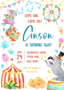 Editable circus birthday party invitation design preview