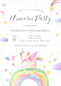 Editable Dreamy Unicorn Birthday Invitation white background: Editable Dreamy Unicorn Birthday Invitation white background