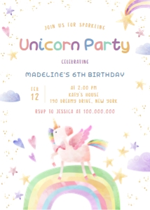 Editable Dreamy Unicorn Birthday Invitation white background Colorful: Editable Dreamy Unicorn Birthday Invitation white background Colorful