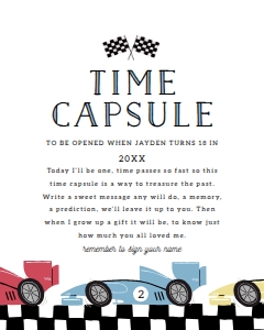 Racing Car Time Capsule Game sign and card: Racing Car Time Capsule Game sign and card