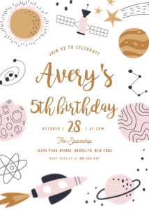 Outer space first birthday invitation pink 2 design preview