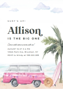 Surfing birthday invitation PINK 670 design preview