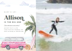 Surfing birthday invitation PINK with photo 670 design preview
