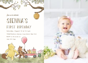 Classic Winnie the Pooh birthday invitation B 2 with photo PINK: Classic Winnie the Pooh birthday invitation B 2 with photo PINK