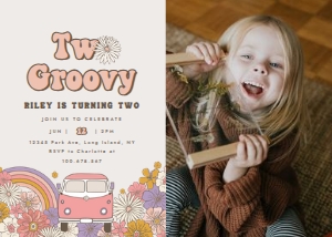 Groovy birthday retro party invitation pink 2 with photo 686: Groovy birthday retro party invitation pink 2 with photo 686