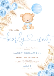 Baby Shower Invite - Digital: Boho Blue Pampas Grass Teddy Baby Shower Invitation