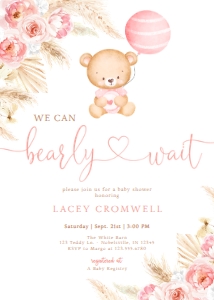 Baby Shower Invite - Digital: Boho Teddy Bear Pink Invitation