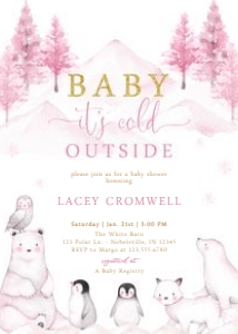 Winter Animal Pink Baby Shower Invitation - Printed: Winter Animal Pink Baby Shower Invitation -