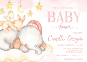 Pink Elephant Baby Invite - Printed: Baby Elephant Pink Invite