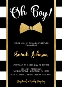 Black Gold Little Man Baby Invite - Printed: Black Gold Bowtie Baby Shower Invitation