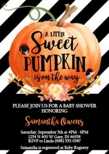 Fall Black Stripe Pumpkin Baby Invitation design preview