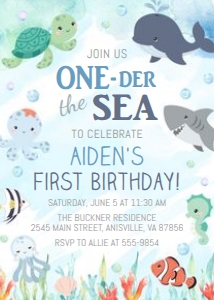 Invitation ONEder Cute Ocean Blue 011: Birthday Invitation - Oneder the Sea - Cute - Blue