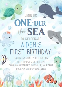 Birthday Invitation - Oneder the Sea - Cute - Blue design preview