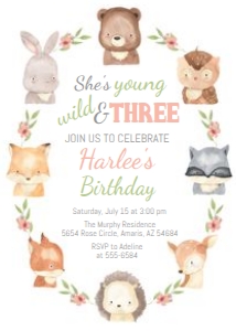 Woodland Faces - Young Wild and Three - Birthday Invitation - Girl: Woodland Faces - Young Wild and Three - Birthday Invitation - Girl