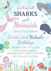 Sharks and Mermaid - Birthday Invitation: Calling all Sharks and Mermaids - Birthday Invitation