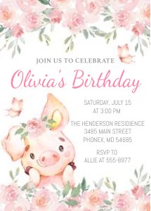 Cute Pig with Pink Flowers - Birthday Invtation design preview
