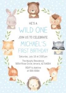 Woodland Faces Wild One Blue - Birthday Invitation: Woodland Faces - Birthday Invitation Blue