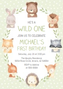 Woodland - Wild One Boy Green - Birthday Invitation design preview